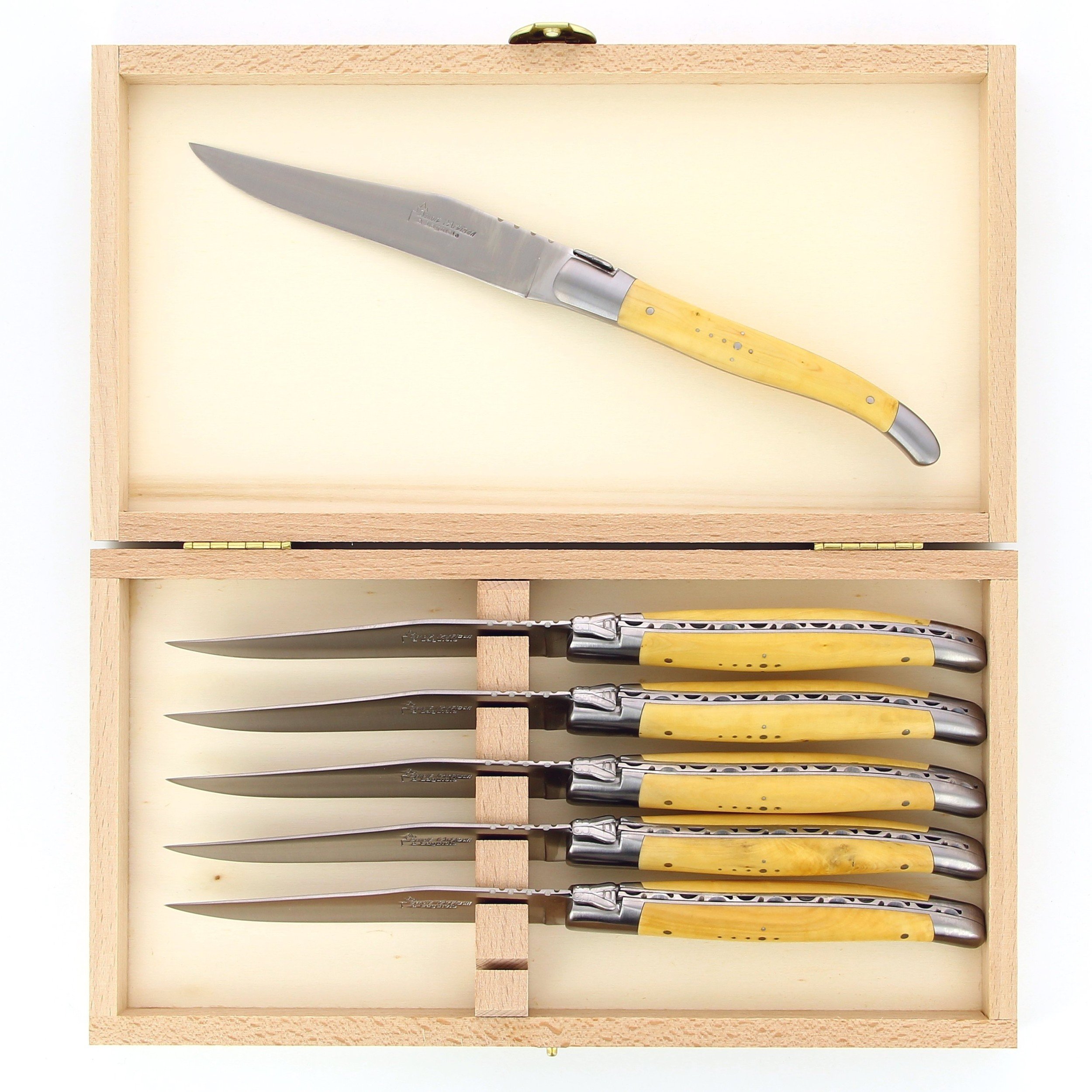 Benoit l'Artisan  Coffret de 6 couteaux de table de Laguiole, manche en  buis, mitres inox brossées