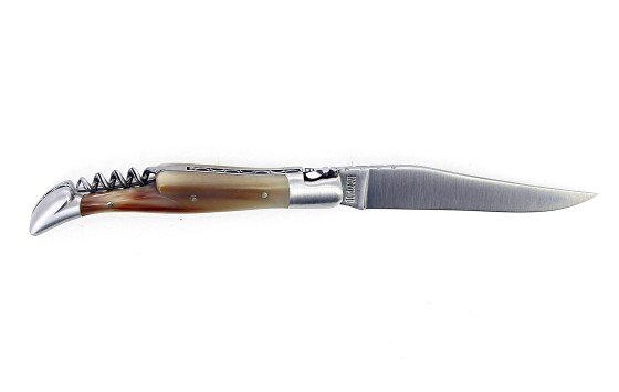 Benoit l'Artisan  Couteau de Laguiole pliant avec tire-bouchon, 12 cm,  manche en corne massive blonde, mitres inox polies