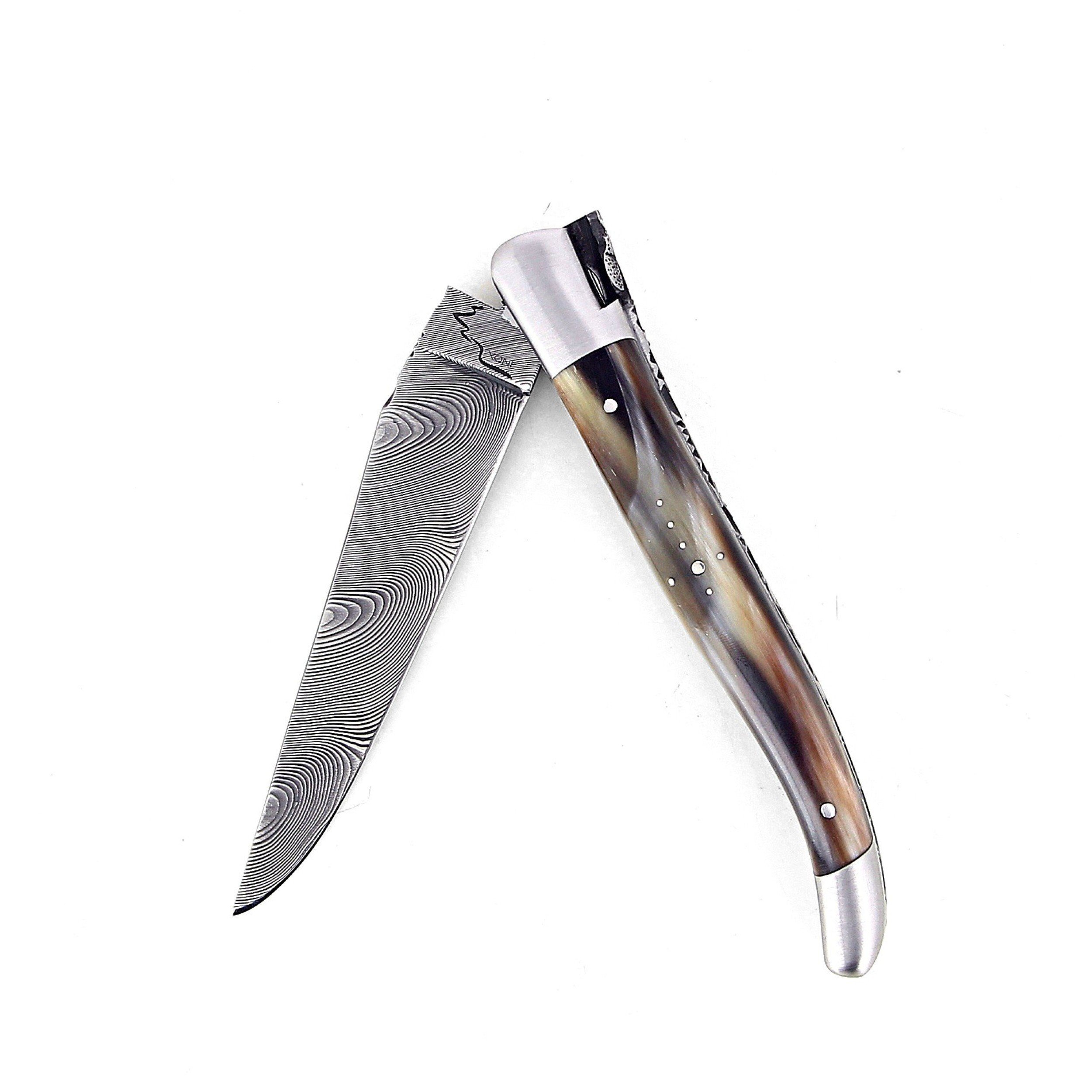 Laguiole 12 cm Abeille Forgée Double Platine manche en corne massive blonde et deux mitres inox lame damas inox