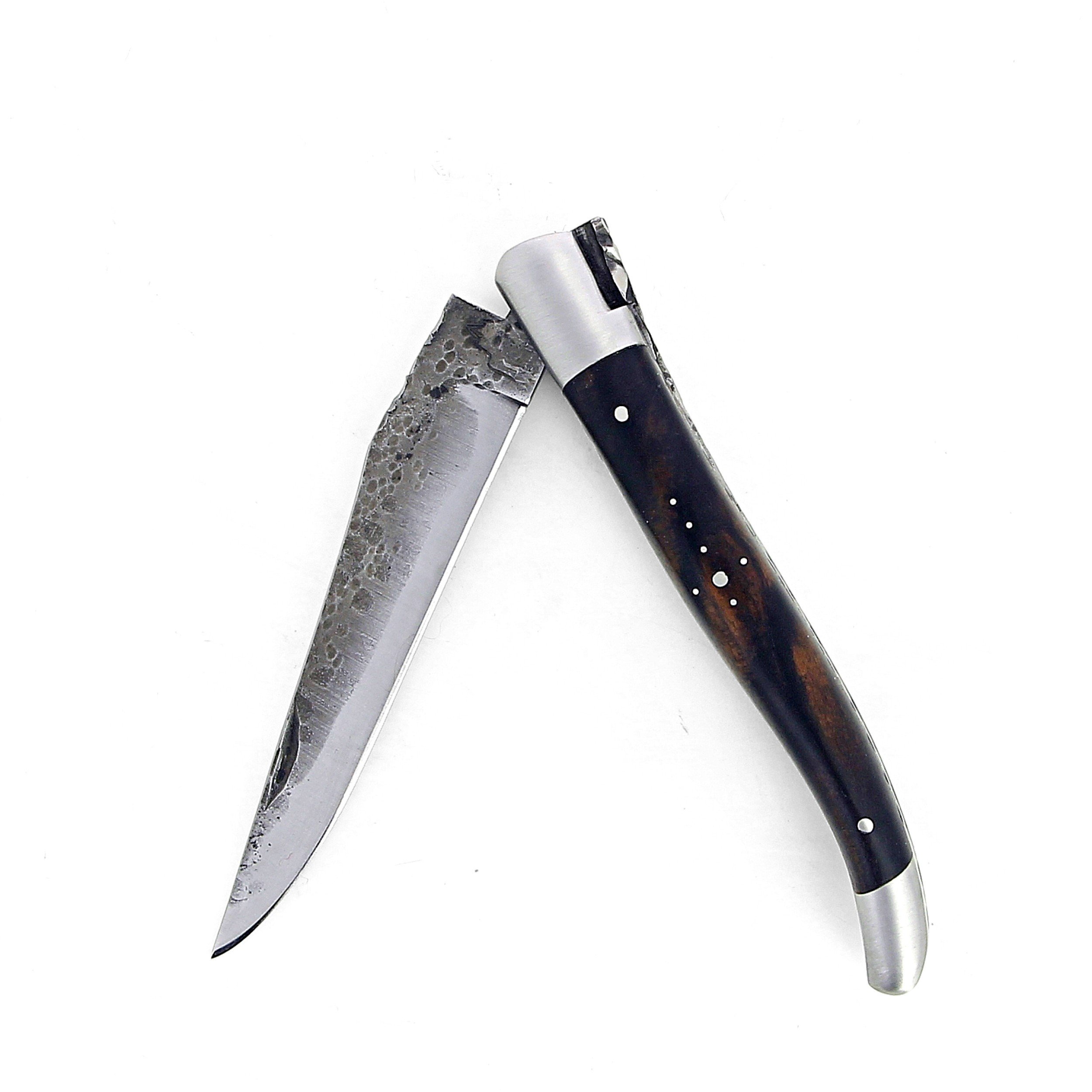 Laguiole 12 cm Abeille Forgée Double Platine manche en bois d'ebene et deux mitres inox lame brute de forge