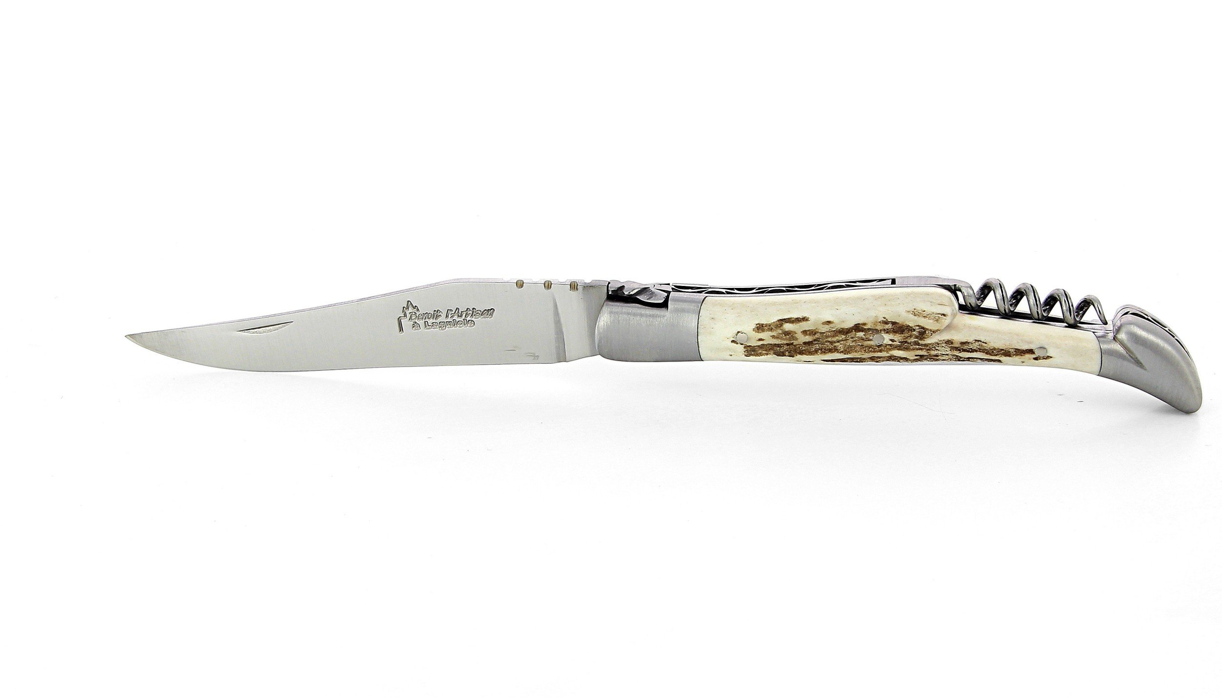 Benoit l'Artisan  Couteau de Laguiole pliant avec tire-bouchon, 12 cm,  manche en bois de cerf, mitres inox brossées